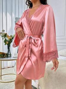 女士优雅短款浴袍，纯色系带，性感睡衣，舒适丝绸家居服；女士纯色缎面长袖开衫睡袍，优雅性感女士睡衣 - 粉色 - 查看 7