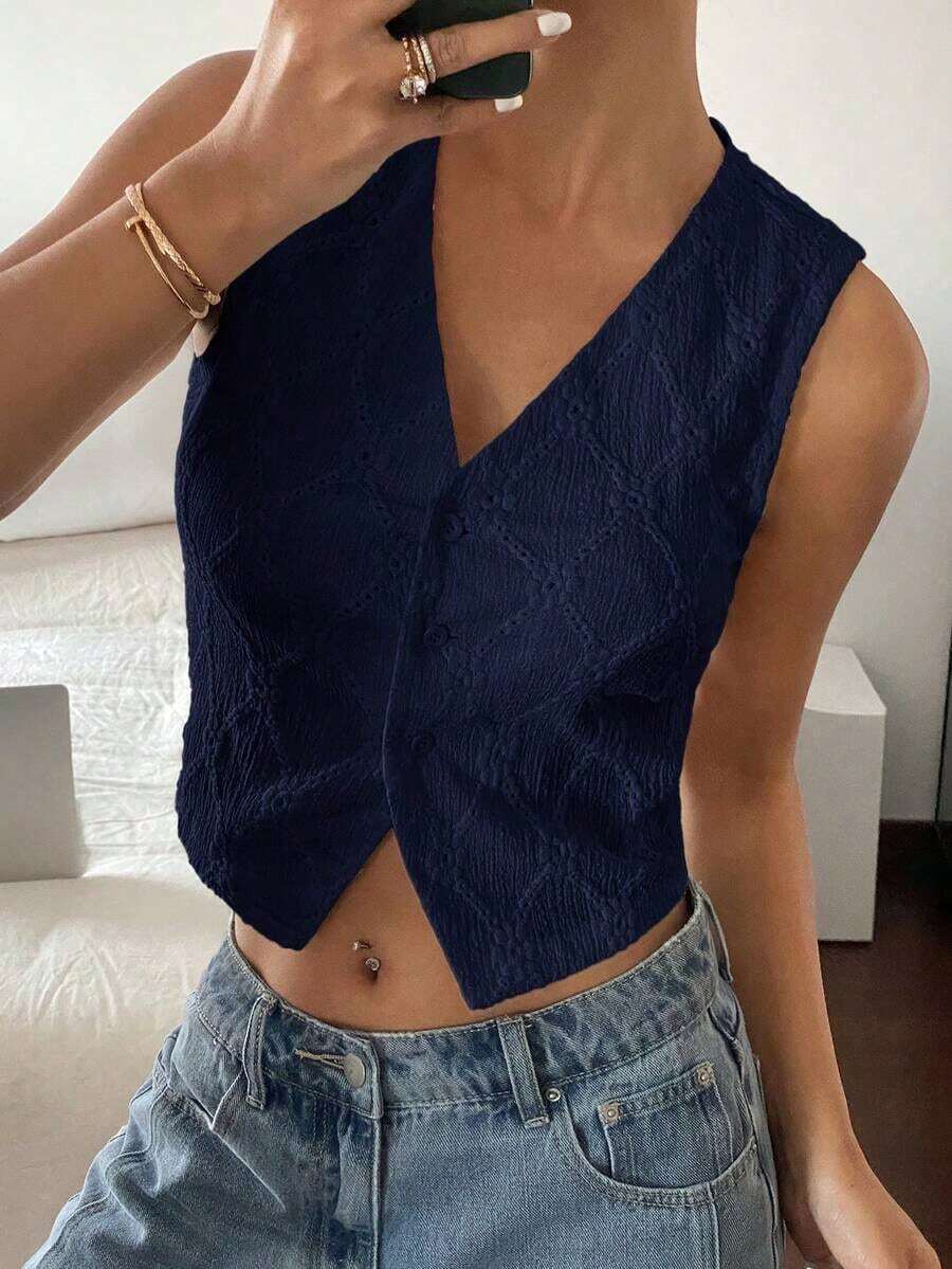 Top sin mangas blanco puro con bordado, de estilo "Old Money", casual y lindo para verano, para salir - Azul marino - Ver 1