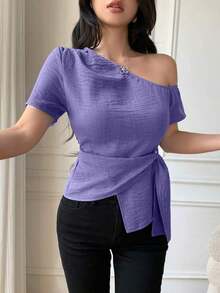 Blusa casual elegante de hombros con nudo, de corte slim para mujeres - Morado - Ver 4