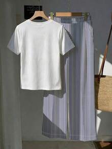 2 piezas Conjunto de top de manga corta con estampado floral bordado falso y rayas y pantalones a rayas, atuendo casual adecuado para el uso diario, citas, fiestas, otoño/invierno/verano, Navidad, Año Nuevo, Acción de Gracias, fiestas, bodas, - Multicolor 11 - Ver 3