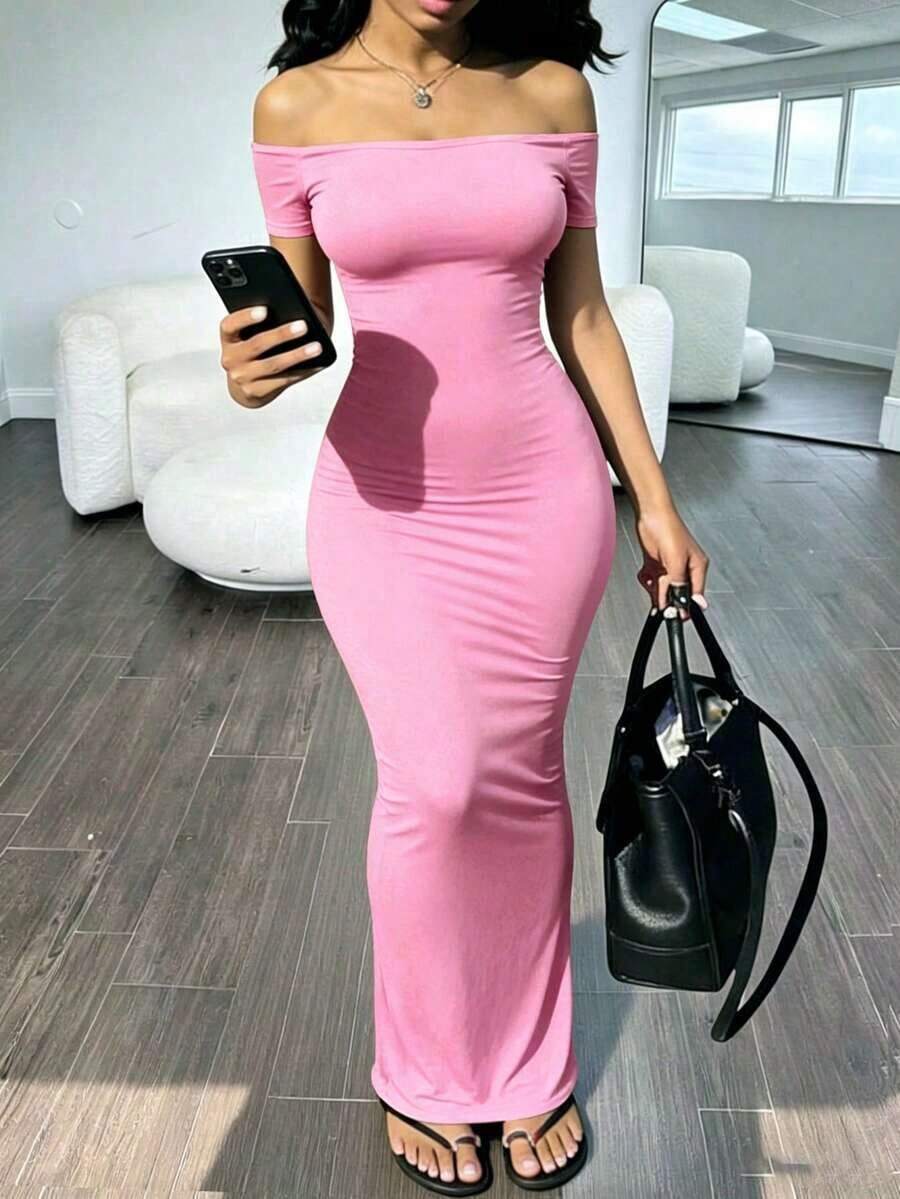 Vestido elegante de unicolor con hombros descubiertos y mangas cortas ajustado para mujer - Rosa - Ver 1