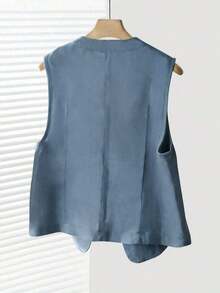 Chaleco corto de lino casual para mujer, color blanco, para primavera y verano - Niebla azul - Ver 2