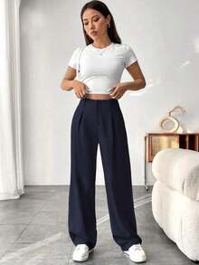 Pantalones De Corte Relajado Con Pierna Recta Plisada De Color Liso Para Mujer - Azul marino - Ver 4