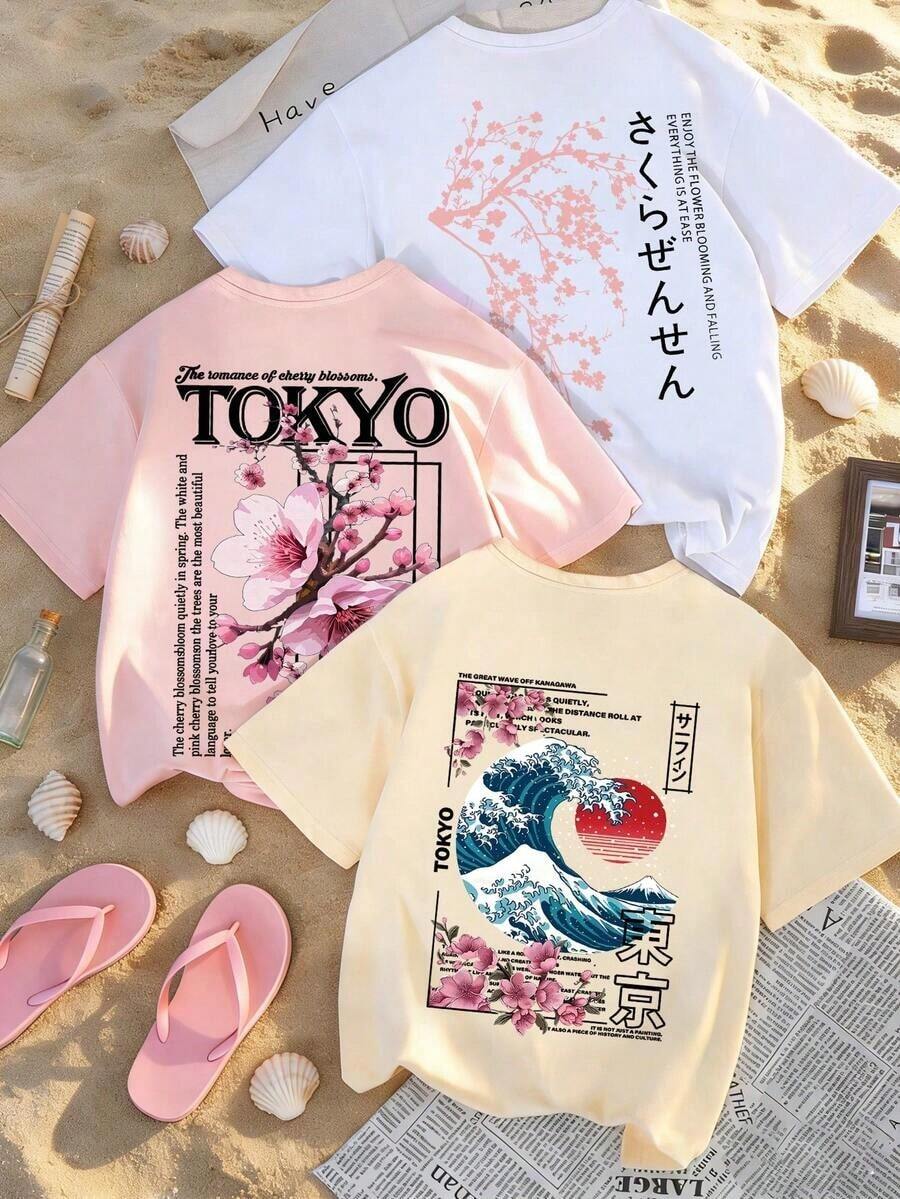 Conjunto de 3 piezas de moda de verano con estampado de paisaje de flores de cerezo, camiseta casual de manga corta con cuello redondo, top versátil para mujer. - Multicolor - Ver 1