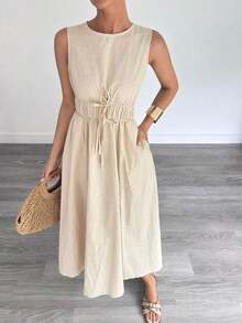 Vestido sin mangas de línea A de algodón y lino para mujer, primavera/verano - Albaricoque - Ver 3