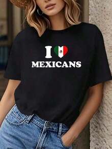 Comfortable Under The Radar Women's Black T-Shirt With "I Love Mexicans" Print - Casual Crew Neck, Short Sleeves, Regular Length, Spring-Summer Fashion, Comfortable Graphic T-Shirt With Soft Touch - Unisex Vintage Urban Style, Cotton Short Sleeve Crew Neck T-Shirt - 黑色 - 查看 7