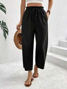 Pantalones casuales de mujer con cintura con cordón a cuadros - Negro - Ver 7