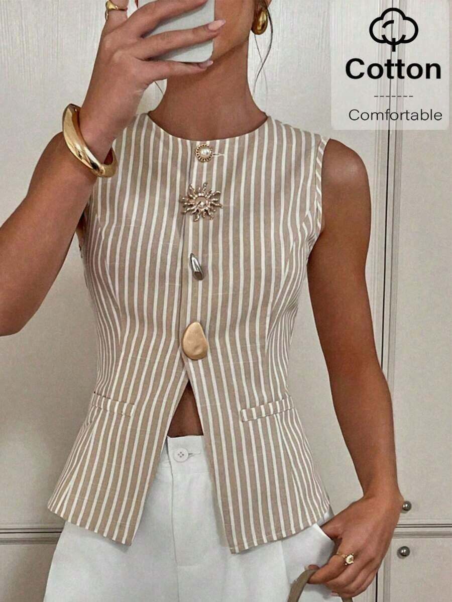 Chaleco de rayas finas elegante y de lujo, blazer sin mangas de verano de color azul marino elegante, atuendos de oficina y trabajo de negocios para mujeres, chaleco ajustado con botones enjoyados único y elegante, top social de moda para ir al trabajo - Multicolor - Ver 1