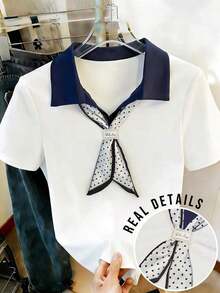 Camiseta de manga corta con media cremallera y estampado de letras casual para mujer, de verano - Multicolor 2 - Ver 1