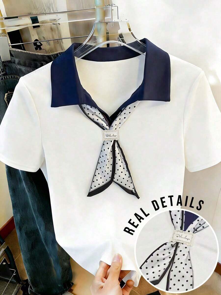 Camiseta de manga corta con media cremallera y estampado de letras casual para mujer, de verano - Multicolor 2 - Ver 1