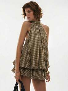 Vestido corto de verano para mujer con cuello halter, espalda descubierta y volantes con estampado de cuadros - Marrón - Ver 5