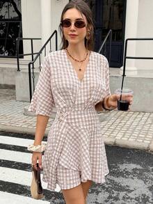 Vestido corto casual y de viaje con cuello en V y estampado de cuadros para mujer - Albaricoque - Ver 1