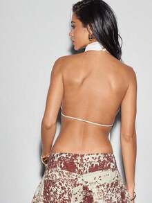 Top halter de malla con cuello alto, espalda abierta y recortes sexy, top sin espalda, atuendos de vacaciones para mujer, atuendos de verano para mujer, de moda, atuendos para ir de fiesta, tops sexy - Blanco - Ver 3