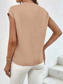 Camisa casual de mujer de unicolor con cuello en V, abotonadura sencilla y bolsillo - Caqui - Ver 2
