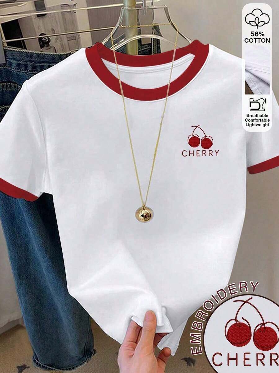 Camiseta de mujer de manga corta con cuello redondo y estampado de bloques de color - Blanco 6 - Ver 1