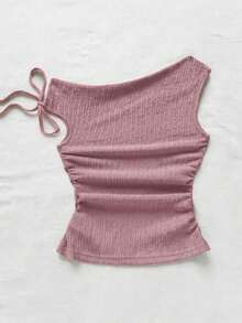 Blusa de punto con textura de burbujas de color albaricoque, con hombros asimétricos y cintura anudada, de corte ajustado, adecuada para fiesta, cita, paseo por la ciudad, viaje por carretera, playa de verano - Rosa - Ver 2