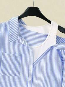 Camisa de mujer casual de manga corta raglán a rayas texturizada azul y blanca, de verano - Multicolor - Ver 5