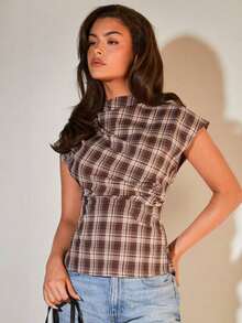 Blusa plisada con cuello para mujer, elegante para la oficina, artículo de moda versátil, adecuado para el trabajo, salidas casuales, fiestas, con estampado de cuadros marrones - Multicolor 2 - Ver 4