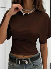 Camiseta blanca casual de mujer de cuello redondo y manga corta, holgada - Café integral - Ver 2