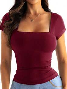 Camiseta de manga corta con cuello cuadrado de punto de unicolor, ajustada y sexy, estilo Y2K, para mujer Vaiaye, adecuada para actividades de primavera/verano y el Día de San Valentín - Burdeos - Ver 11