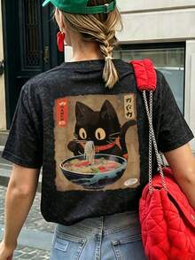 女款圓領短袖T恤，夏季新款卡通貓咪印花，休閒寬鬆百搭上衣，時尚日常穿搭 - 黑色 - 查看 1