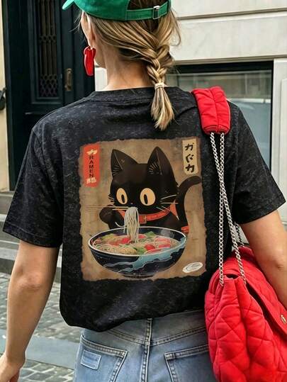女士圆领短袖T恤，夏季新款卡通猫咪图案印花，休闲宽松百搭上衣，时尚日常穿搭黑色