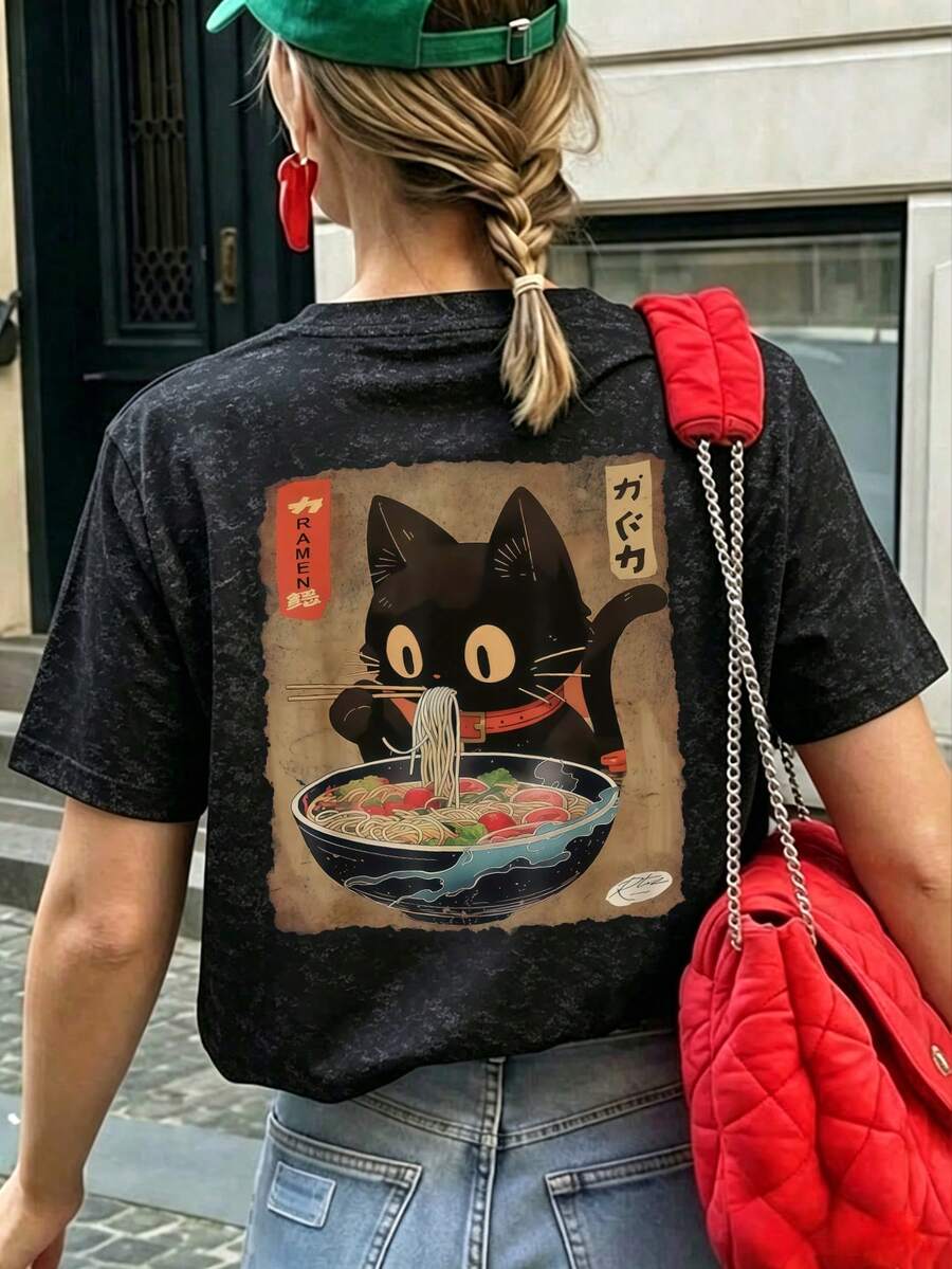 女款圓領短袖T恤,夏季新款卡通貓咪印花,休閒寬鬆百搭上衣,時尚日常穿搭 - 黑色 - 查看 1