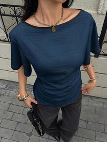 Camisa casual de mujer con ribete de contraste en la cintura y manga corta, para verano - Azul marino - Ver 3