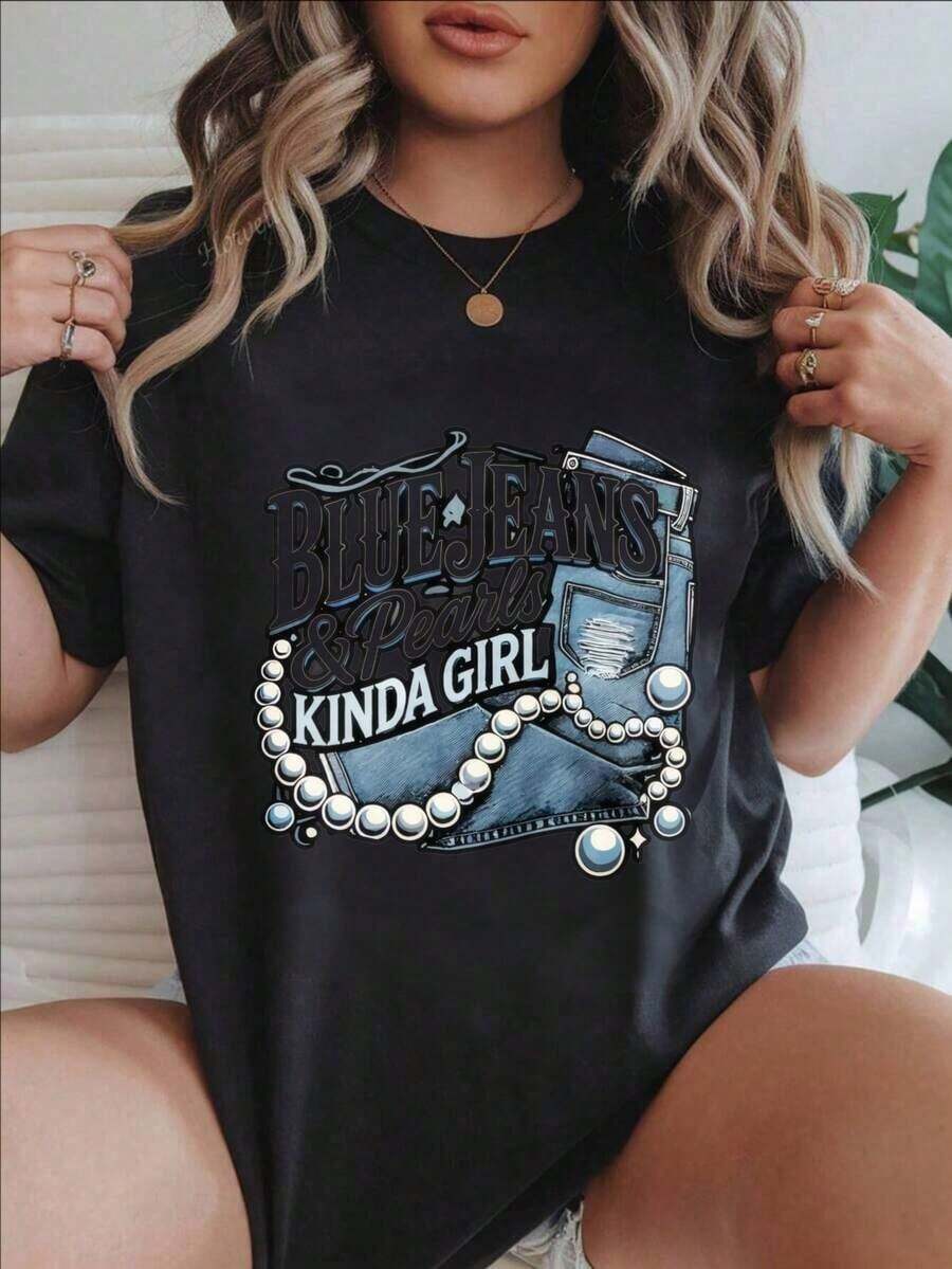 Camiseta Casual de Manga Corta para Mujer - Estilo Blue Jeans And Pearls Kinda Girl, Cuello Redondo, Top de Verano, Lavable a Máquina, Camisetas para Damas, Ropa Casual, Aspecto Moderno, Ajuste Cómodo
Negro - Negro - Ver 1