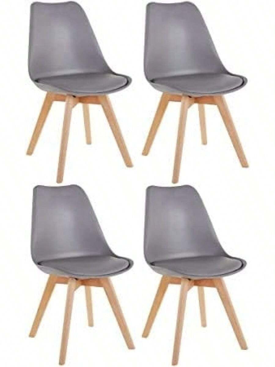 4-Pack Dining Chairs Natural Wood Legs Grey Cushioned Office Lounge Kitchen Contemporary Design - Grey - View 1
