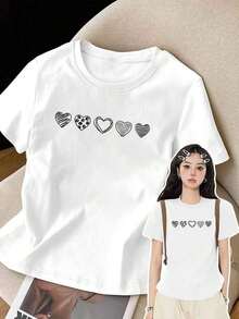 Plus Size Women's Short Sleeve T-Shirt - Loose Fit, Basic Casual Style, Elegant Polyester Top, Short Sleeve T-Shirt With Front Print - Heart Design, Heart Print - Spring/Summer Printed T-Shirt For Women, Fashionable Item, Versatile And Casual, Breathable And Comfortable. - 白色 - 查看 10