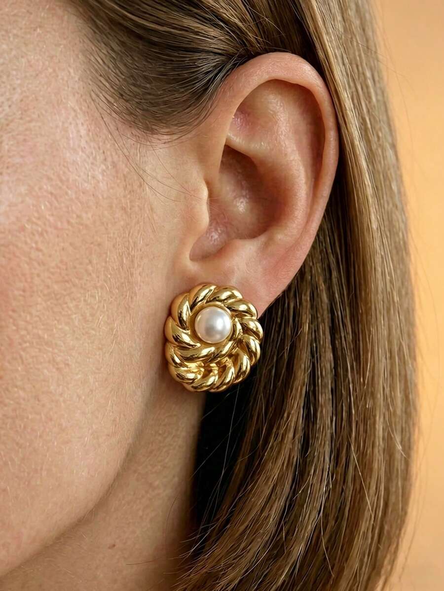 Splendor Vintage Rope Twisted Shell Stud Earring For Women,Charm Stainless Steel Jewelry Faux Pearl Gold Earring, Summer Vacation Jewellery Wedding Gift Daily