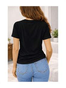 Women's Casual Short Sleeve T-Shirt With Aloha Print, Beach Style, Palm Trees, Tropical Flowers - 黑色 - 查看 3