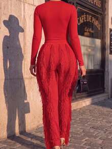 CALEBGAR Women's Sexy Two Piece Outfits Long Sleeve Fringe Pants Set Clubwear Going Out Birthday Party Night Outfits - Đỏ - Xem 2