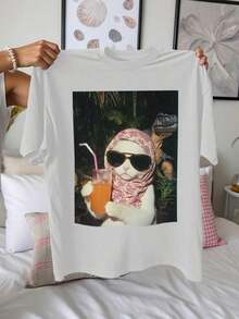 Camiseta de mujer  de gran tamaño con estampado vintage de gato y meteorito, camiseta unisex con diseño divertido y original, estilo casual americano, ropa de calle, sencilla, para cumpleaños, para chicas, vacaciones en la playa, estilo tropical, cuello redondo, manga corta, holgada, casual y versátil, camiseta Y2k. - Blanco - Ver 10