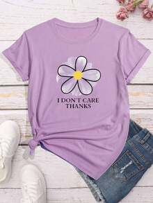 Camiseta oversize morada de verano para mujer con estampado de flor y frase "I Don't Care Thanks" Camiseta casual morada de manga corta con frase divertida, ideal para looks juveniles - YH428-Morado - Ver 2