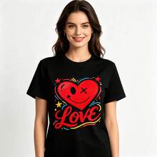 Tops para mujer juvenil de una pieza con estampado de corazones, estilo urbano, para mujer, con estampado de rostro, ropa casual de primavera/verano para exteriores. - Negro - Ver 11