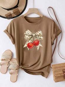 Camiseta oversize marrón de verano para mujer con estampado de lazo de leopardo y cerezas Playera holgada de cuello redondo con diseño de lazo animal print y cerezas rojas - YH336-Marrón - Ver 2