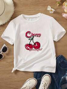 Camiseta de Manga Corta con Cuello Redondo y Estampado de Cerezas - Blanco - Ver 2