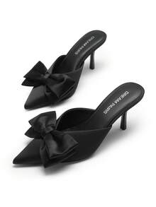 Dream Pairs Women's Pointed Toe High Heel Mules With Double Bow Detail - Black - View 1