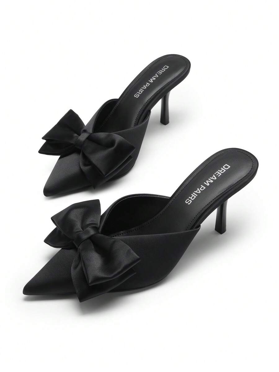Dream Pairs Women's Pointed Toe High Heel Mules With Double Bow Detail - Black - View 1