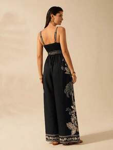 Mono largo sin mangas de mujer con estampado de árbol de plátano y árbol de coco, estilo bohemio, para vacaciones, casual, playa, verano - Verde - Ver 10