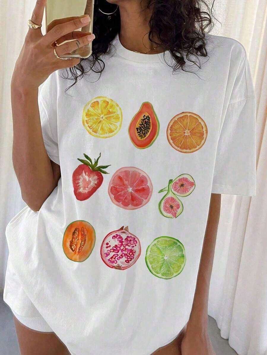 Camiseta de manga corta blanca de corte relajado con estampado gráfico de patrón retro, para mujer, combina con todo, suave. - Blanco - Ver 1