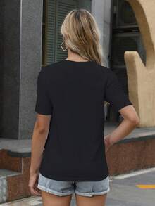 Women's High Elasticity Casual T-Shirt - Round Neck, Short Sleeve, Fashion Print - Four Season Comfort, T-Shirt Only, Easy Care, Hand Wash/Dry Clean, Everyday Wear, Simple Style, Stretch Fabric, Must-Have For Holiday Gifts - 黑色 - 查看 2