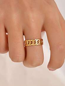 1pc Stainless Steel 18K Gold Plated Minimalist Chain Design Open Ring, Suitable For Women's Daily, Party, Holiday Gift - Gold - View 6