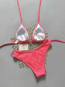 Conjunto de bikini de 2 piezas con tirantes finos, cuello halter, base negra, lunares blancos y estampado aleatorio dulce y lindo con corte alto en los laterales para mujer, primavera/verano 2026 - Multicolor 5 - Ver 2