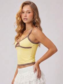 Women's Summer Slim Camisole Contrast Color Cut Out Front Spaghetti Strap V-Neck Tank Tops Streetwear - 黃色 - 查看 5
