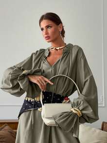 Vestido de lino estilo francés tierno 2026, cuello V, manga larga, cintura ajustada con lazos y abertura lateral, diseño elegante y delicado. - Verde - Ver 3