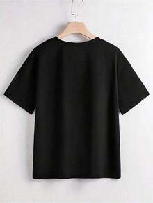 Camiseta Corta de Cuello Redondo para Mujer con Estampado de Eslóganes Gráficos y Alas, Camiseta de Algodón - Negro - Ver 3