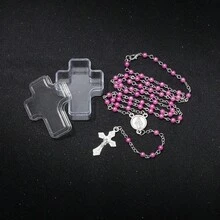 1件手工仿珍珠十字架念珠长项链吊坠，男女通用 - 玫紅色 - 查看 3